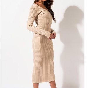 Nastygal beige ribbed long sleeve sweater dress